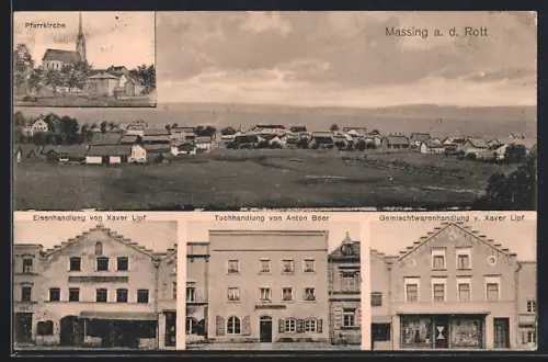 AK Massing a. d. Rott, Eisenhandlung von Xaver Lipf, Tuchhandlung Anton Beer und Gemischtwarenhandlung Xaver Lipf