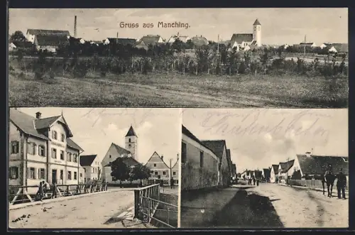 AK Manching, Strassenpartien mit Gasthaus Jungbräu, Ortsansicht