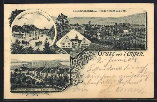 Lithographie Tengen, Gesamtansicht, Hauptstrasse v. Tengenstadt, Dorf