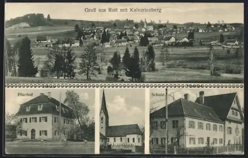 AK Rott / Lech, Schule, Pfarrhof, Ortsansicht mit Kalvarienberg