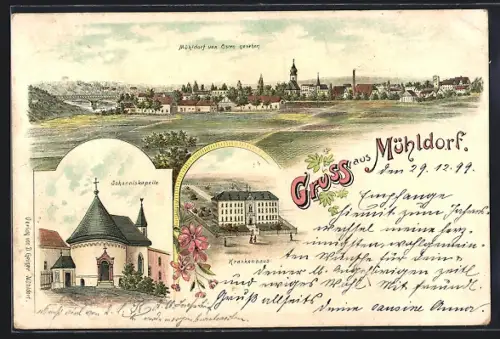 Lithographie Mühldorf, Teilansicht von Osten gesehen, Krankenhaus, Johanniskapelle