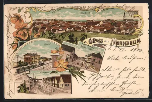 Lithographie Mundenheim, Bahnhof, Hauptstrasse, Gemeinde- und Schulhaus