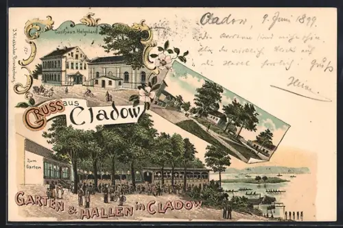 Lithographie Berlin-Kladow, Cladow, Gasthaus Helgoland, Garten und Hallen