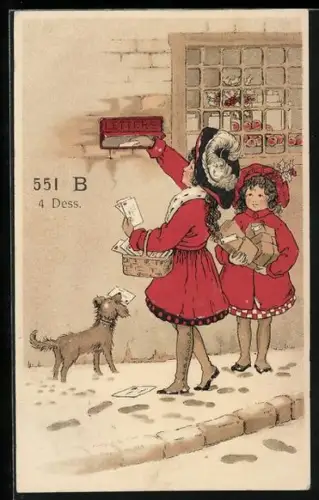 Künstler-AK Zwei Mädchen und ein Hund mit Briefen an einem Briefkasten