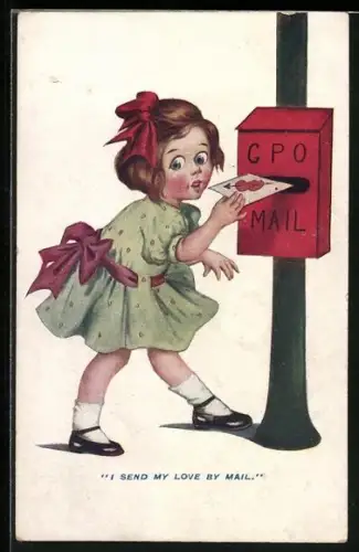 Künstler-AK Mädchen wirft einen Brief in den Briefkasten, I send my love by mail