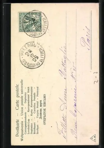 Lithographie Junge in Matrosenanzug bringt einen Brief und Blumenstrauss