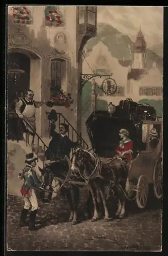 Künstler-AK Postkutsche vor einem Gasthaus