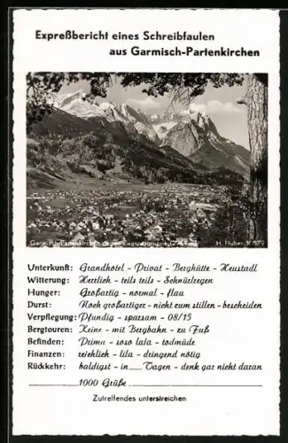 AK Garmisch-Partenkirchen, Ortsansicht gegen die Zugspitze, Expressbericht eines Schreibfaulen