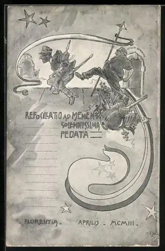 Künstler-AK Italienische Soldaten mit Waffen und Wein, Refoccillatio ad Mement Solemnissima Pedata