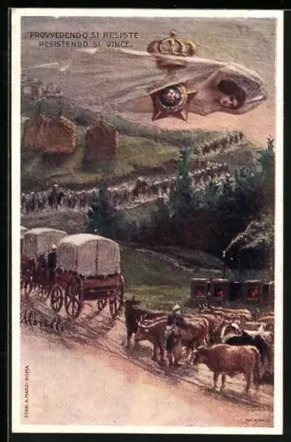 Künstler-AK Soldaten mit Ochsen und Planenwagen auf dem Weg, Provvedendo si resiste, resistendo si vince