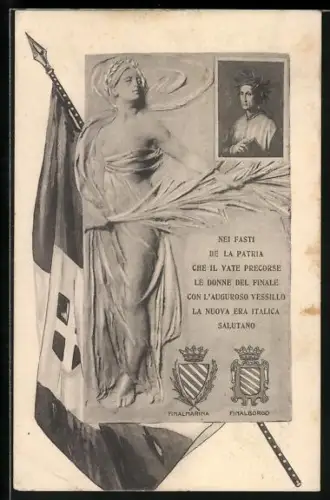 AK Italia mit Flagge und Wappen, Nei Fasti De La Patria Che Il Vate Precorse...