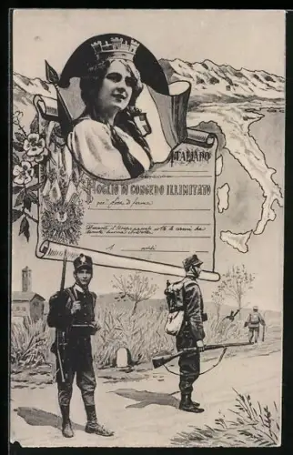 AK Soldaten in Uniformen mit Waffen, Italia mit Krone