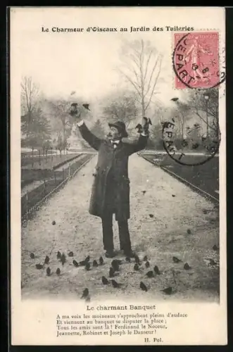 AK Mann in einem Park mit Vögeln, Le Charmoeur d`Oiseaux au Jardin des Tuileries