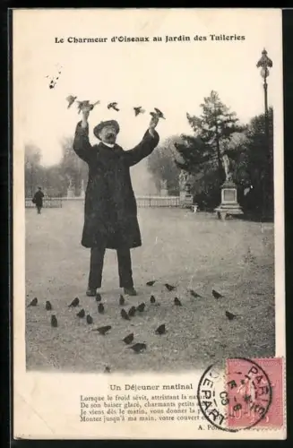 AK Mann mit vielen Vögeln um ihn herum, Le Charmoeur d`Oiseaux au Jardin des Tuileries