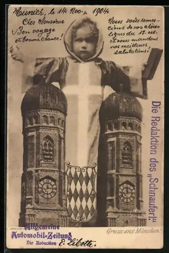 AK Münchner Kindl mit Buch und Wappen