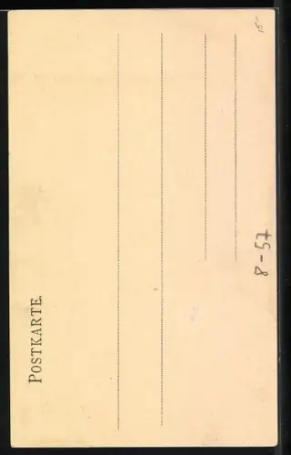 AK Münchner Kindl mit Würstchen lehnt an einem Fass