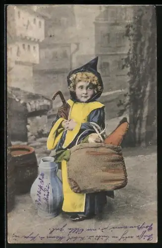 AK Münchner Kindl mit Tasche und Schirm