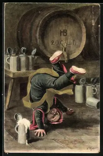 AK Münchner Kindl fällt von Bierfass