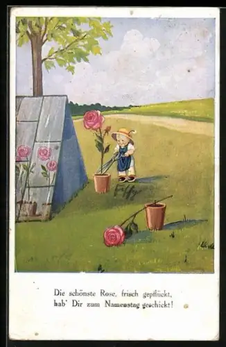 Künstler-AK Kleiner Gärtner mit riesiger Schere und Rosen, Die schönste Rose, frisch gepflückt, hab Dir zum...