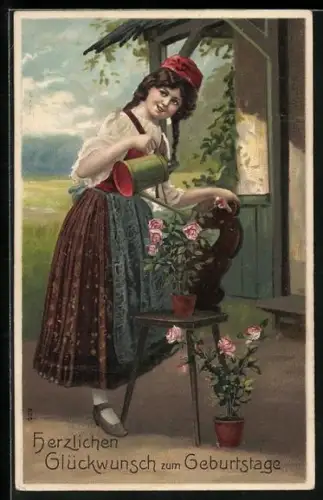 AK Junges Mädchen bekam schöne Rosen zum Geburtstag