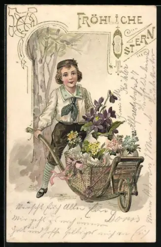 Lithographie Fröhliche Ostern, Junge in Lederhosen mit Schubkarren voller Blumen