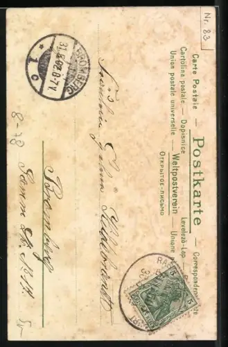 Lithographie Gärtnerin bei einem Rosenbusch