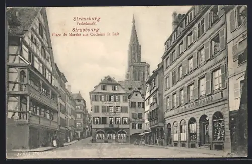 AK Strasbourg, Place du Marché aux Cochons de Lait avec vue sur la cathédrale
