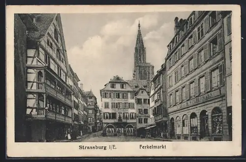 AK Strasbourg i. E., Ferkelmarkt mit Geschäft von H. Wolfermann