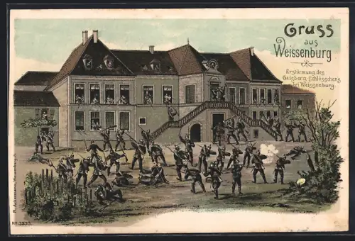 Lithographie Weissenburg, Erstürmung des Geisberg-Schlösschens