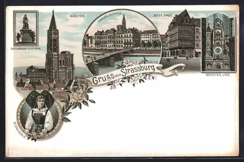 Lithographie Strassburg, Münster, Schloss, Gutenberg-Denkmal und altes Haus