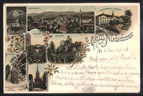 Lithographie Niederbronn, Wasenburg, Schönckel und Falkenstein