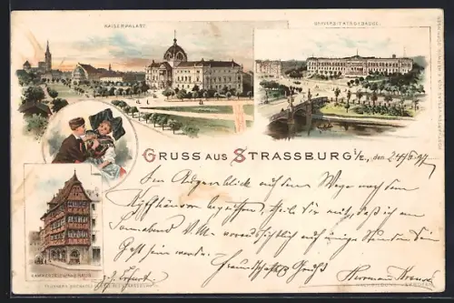 Lithographie Strassburg, Kaiserpalast und Universitätsgebäude