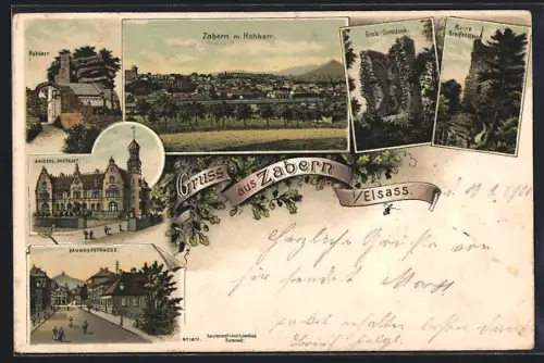 Lithographie Zabern /Elsass, Kaiserl. Postamt, Bahnhofstrasse und Ruine Greifenstein