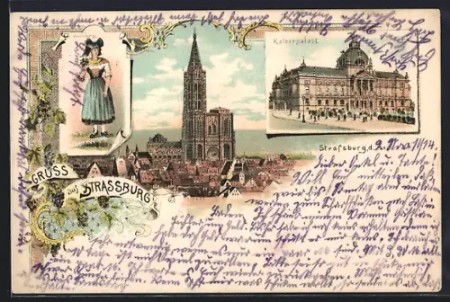 Lithographie Strasbourg, Cathédrale et Palais avec une femme en costume traditionnel