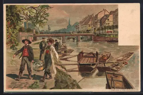 Lithographie Strassburg, Fischmarkt, Boote am Ufer