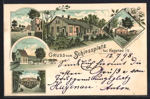 Lithographie Hagenau, Gasthaus, Baracke, Wache und Post, Garnison-Verwaltungsgebäude