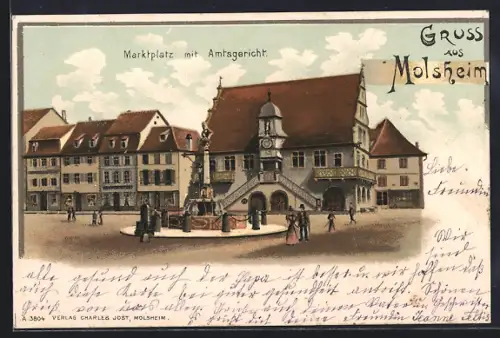 Lithographie Molsheim, Marktplatz mit Amtsgericht