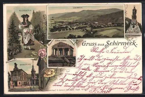 Lithographie Schirmeck, Elsässerin, Marktplatz und Donon-Tempel