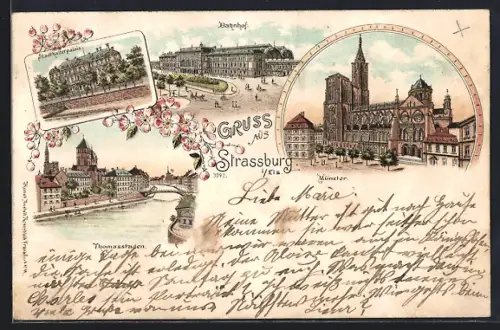 Lithographie Strasbourg, Bahnhof, Münster und Thomasstaden