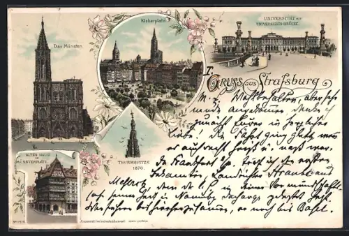 Lithographie Strasbourg, Kleberplatz, Universität, Altes Haus am Münsterplatz