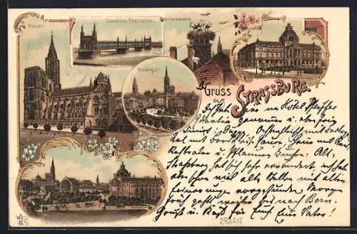 Lithographie Strasbourg, Kleberplatz, Eisenbahn-Rheinbrücke und Münster