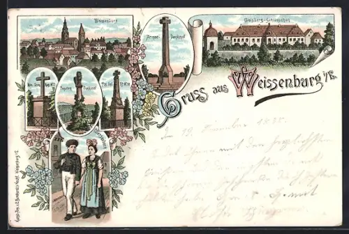Lithographie Weissenburg, Vue de la ville et monuments avec couple en costume traditionnel