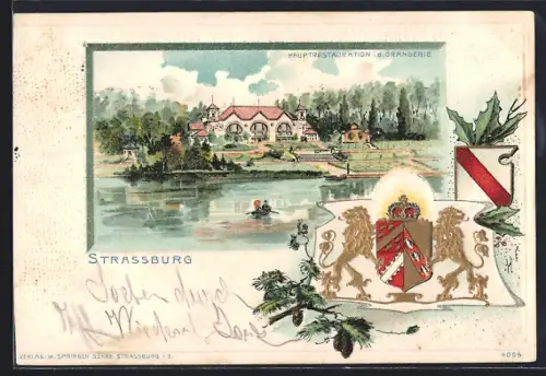 Lithographie Strassburg, Hauptrestauration i. d. Orangerie, Wappen
