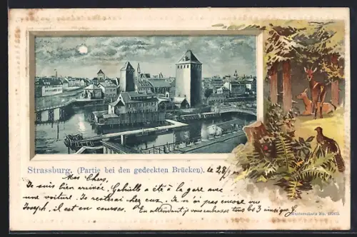 Lithographie Strassburg, Partie bei den gedeckten Brücken