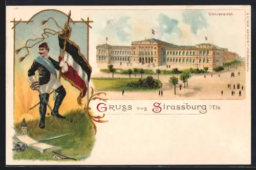 Lithographie Strasbourg, Université et figure avec drapeau
