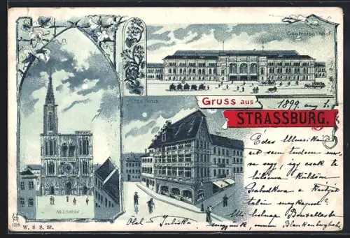 Lithographie Strasbourg, Cathédrale, Gare et place animée avec maison ancien