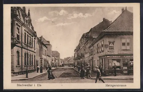 AK Bischweiler i. Els, Metzgerstrasse mit Geschäft von Adolf Heb.