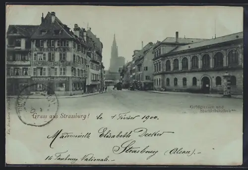 Mondschein-AK Strassburg, Restaurant zum Elephant, Goldgiessen und Stadtbibliothek