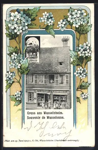 AK Wasselonne, Souvenir de Wasselonne avec magasin et cigogne sur le toit