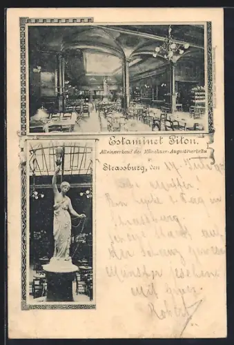 AK Strasbourg, Intérieur de l`Estaminet Pilon avec statue et décoration élégante
